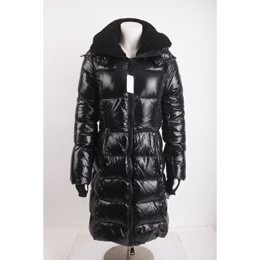 SAM NY Womens Savannah Down Hooded Puffer Coat Jacket XS Black Shearling Collar